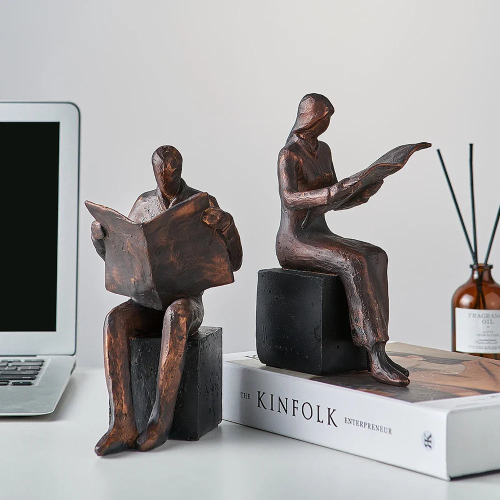 Goldene Lesestatue Wohnkultur Künstlerische Studie Bücherregal Ornament Einfache Buchstütze Harz Miniaturen Handwerk Büro Zubehör