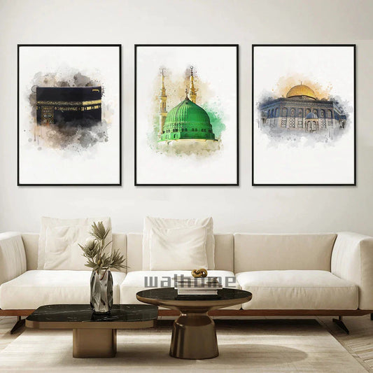 Abstraktes Kaaba Al Aqsa Moschee Poster Beige Islamische Kalligrafie Wandkunst Dekorative Gemälde Leinwandbilder Wohnkultur