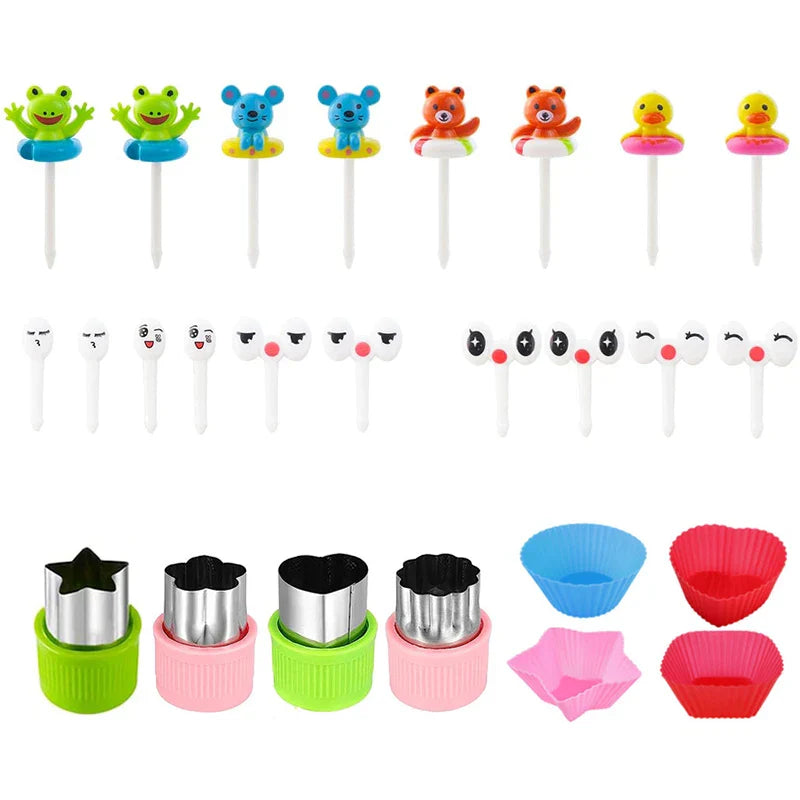Niedliche Mini Lebensmittelspießchen für Kinder: Tier Cartoon Gabeln mit Ausstecher und Silikon Lunchbox Trennwände - Perfekt für Snacks, Kuchen und Früchte