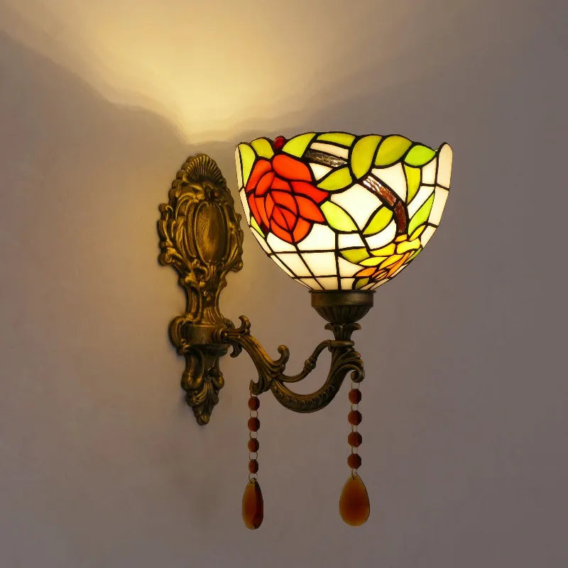 Frendorf | Einzelne-Glühbirne Wand Sconces Tiffany Flared Buntglas Wandmontage Licht mit Traubenmuster in Messing