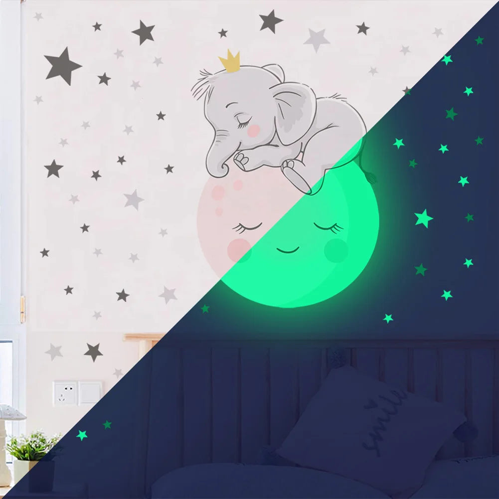 Moon Baby Elephant Sleeping Luminous Wall Sticker Baby Kids Room Bedroom Decoration Decals Glow In The Dark Home Decor Stickers
