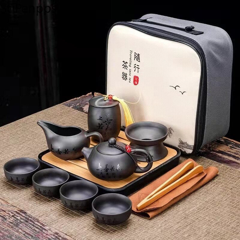 9-teiliges Set Teawere Retro Designer Cool Lila Sand Keramikk Teekannen Set Reise Kong Fu Teeset Porzellan Lila Sand Topf Teesieb
