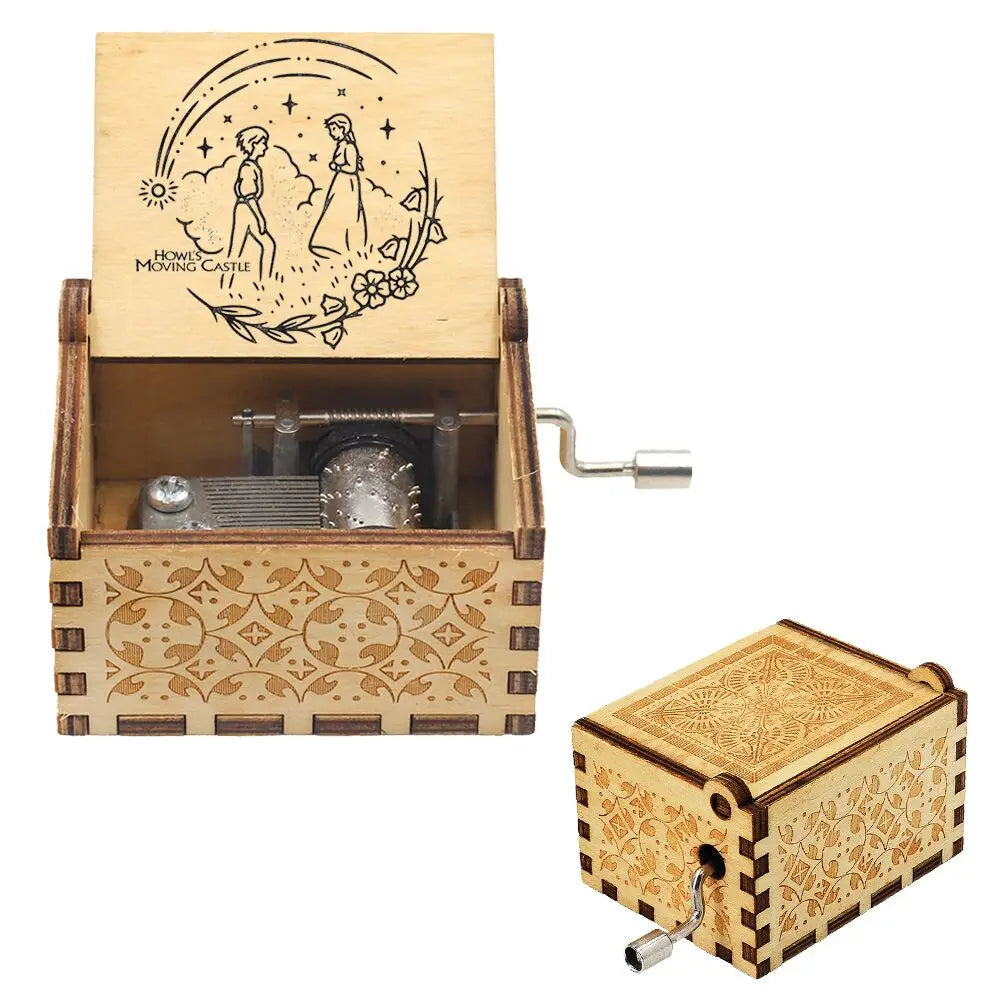 Neueste Design Anime Howl's Moving Castle Musikthema Antik geschnitzte Holz Handkurbel Musikbox Kinderspielzeug Weihnachtsgeschenk