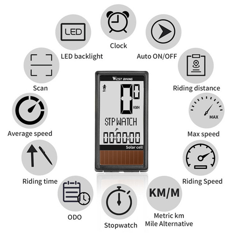 Frendorf | WEST BIKING Kabellose Solar Code-Tisch Mountain Road Bike Großschrift Code-Tisch Fünf Sprache Wasserdicht Geschwindigkeitsmesser