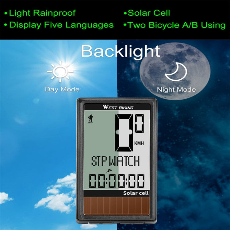 Frendorf | WEST BIKING Kabellose Solar Code-Tisch Mountain Road Bike Großschrift Code-Tisch Fünf Sprache Wasserdicht Geschwindigkeitsmesser