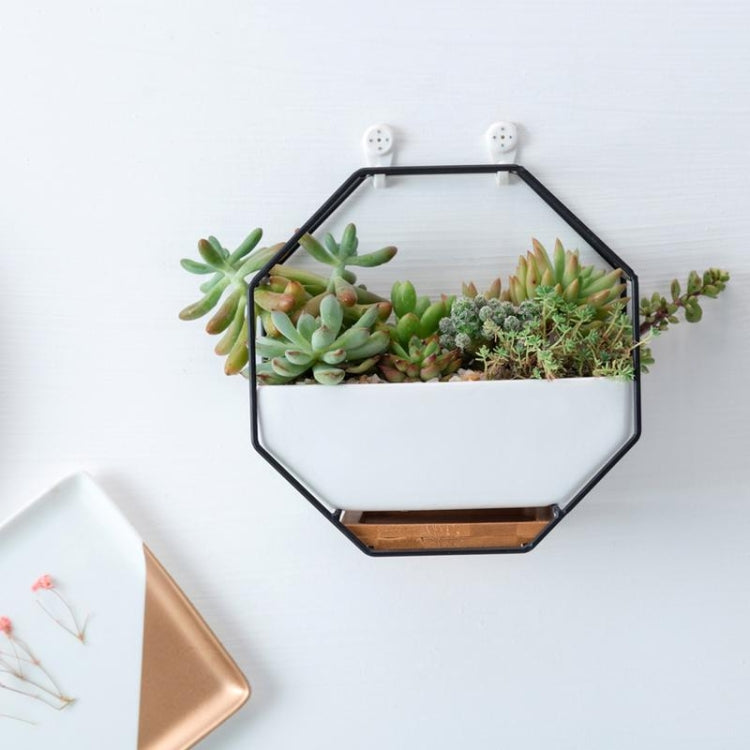 Einfaches octagonales geometrisches Wandhängen Tisch Sukkulenten Platauf bamboo Unterstützung Eisenrahmen Blumentopf (schwarz)