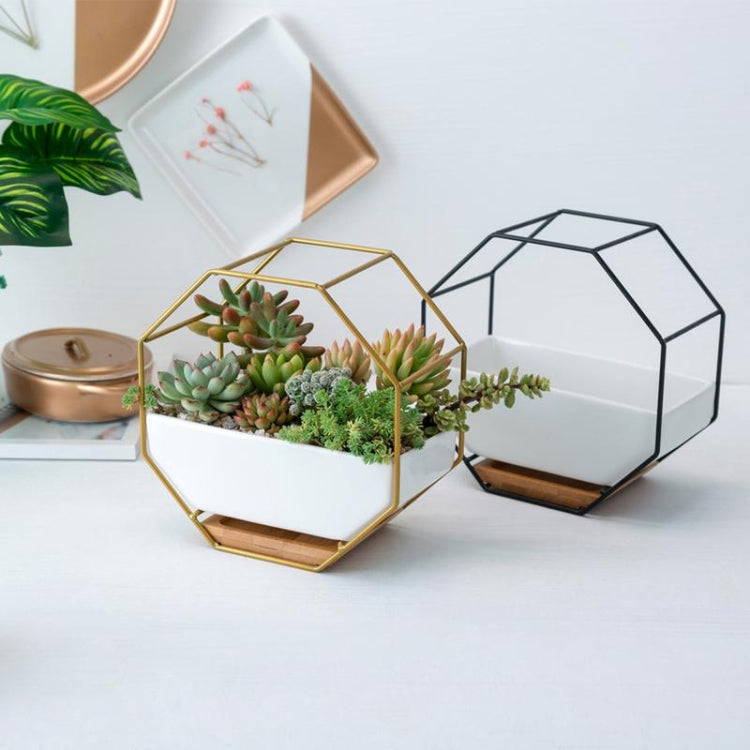 Einfaches octagonales geometrisches Wandhängen Tisch Sukkulenten Platauf bamboo Unterstützung Eisenrahmen Blumentopf (schwarz)