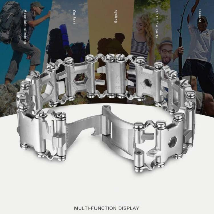 Frendorf | Multifunktionales Edelstahl Outdoor Überleben Werkzeug Armband für Männer (Breit Silber)