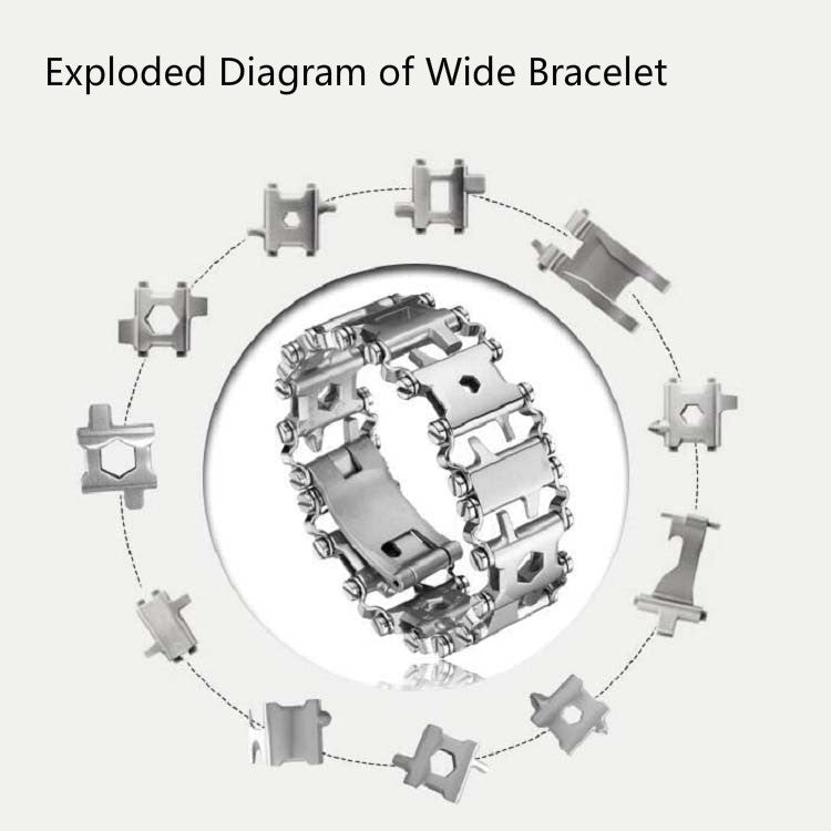 Frendorf | Multifunktionales Edelstahl Outdoor Überleben Werkzeug Armband für Männer (Breit Silber)