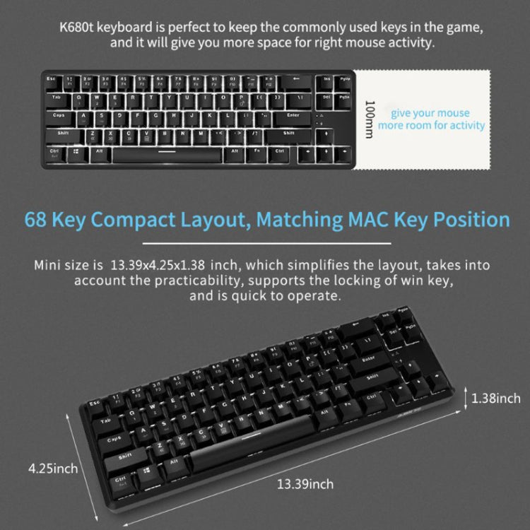 Frendorf | Ajazz K680T Mini USB Wired Dual-mode Charging 68-Tasten Laptop Bluetooth Mechanische Tastatur, Kabel Länge: 1,6m, Stil: Schwarzer Schaft(Schwarz)