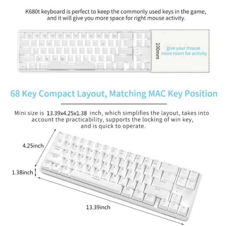 Frendorf | Ajazz K680T Mini USB Wired Dual-mode Charging 68-Tasten Laptop Bluetooth Mechanische Tastatur, Kabellänge: 1,6 m, Stil: Tea Shaft (Weiß)