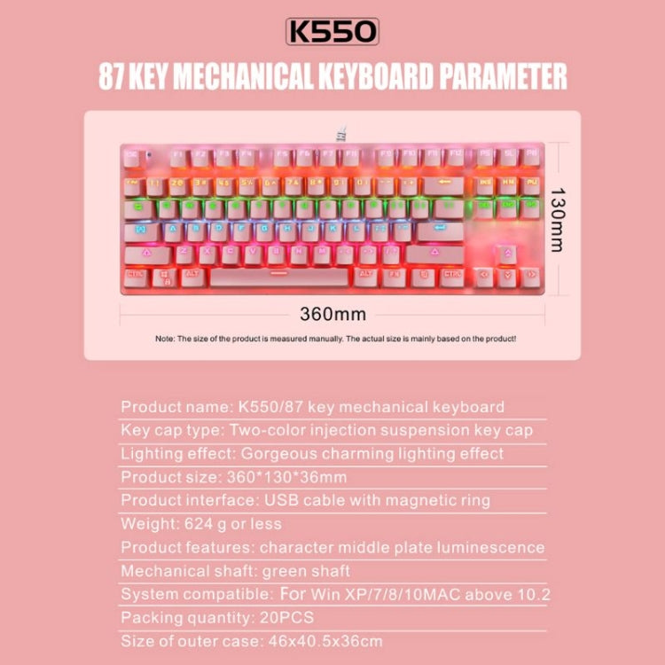 Frendorf | LEAVEN K550 87 Tasten Grüner Schaft Gaming Athletisches Büro Notebook Punk Mechanische Tastatur, Kabel Länge: 1,8m (Schwarz)