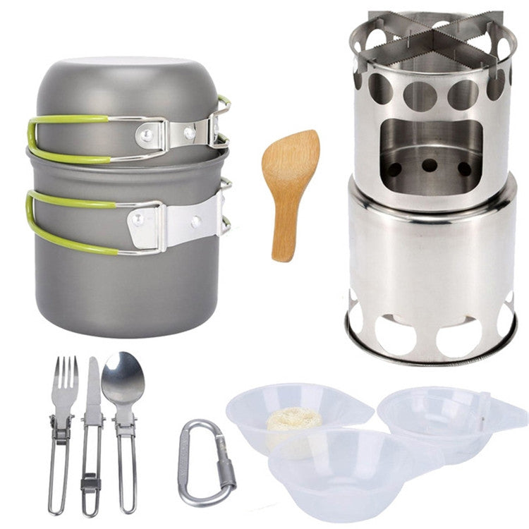 Frendorf | Outdoor Wandern Camping Holzofen-Set mit Besteck (Grüner Griff)