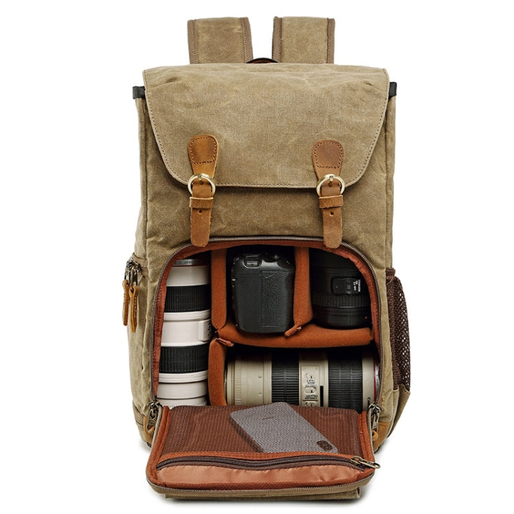Frendorf | Batik Canvas Wasserfeste Fototasche Outdoor Abriebfest Große Kamera Foto Rucksack Herren für Nikon / Canon / Sony / Fujifilm (Khaki)