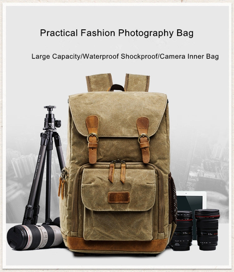 Frendorf | Batik Canvas Wasserfeste Fototasche Outdoor Abriebfest Große Kamera Foto Rucksack Herren für Nikon / Canon / Sony / Fujifilm (Khaki)
