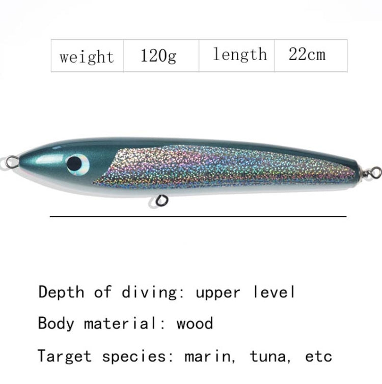 Frendorf | 120g 22cm Schwimmendes Wasser Holz Handgemachter Großer Bleistift Tiefe See Boot Angeln Welle Liegender Thunfisch Köder (Lila Laser)