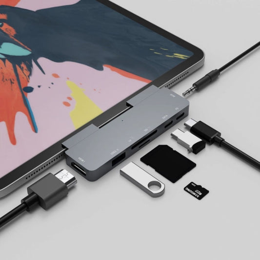 Frendorf | 300A 7 in 1 USB3.0x1 + HDMIx1 + PD Portx1 + Type-Cx1 + SD/TF + 3.5mm Portx1 Multifunktionaler Erweiterungs-HUB-Adapter für iPad Pro(Grau)