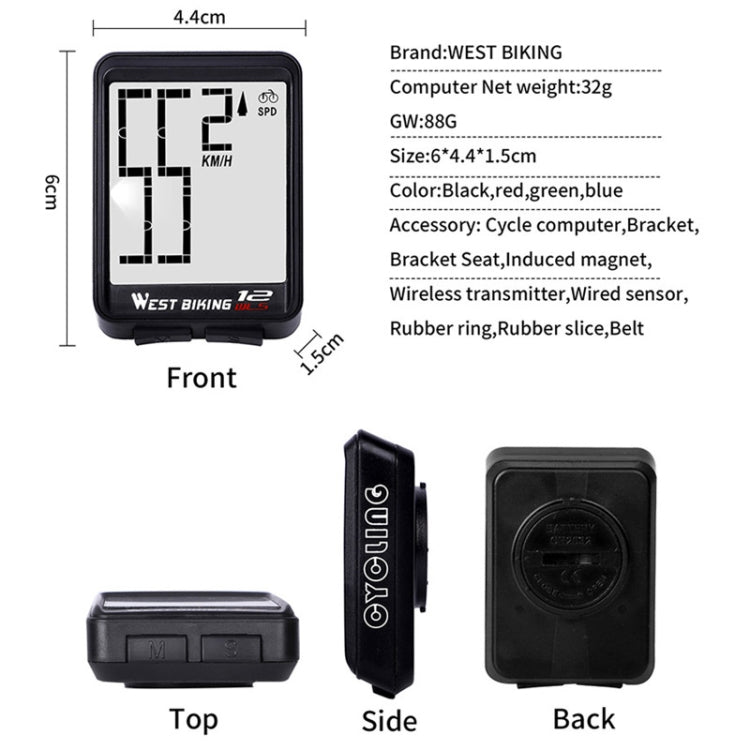 Frendorf | WEST BIKING Mountain Road Bike Wireless Großes Zeichen Tisch Großes Bildschirm Wasserdicht Nachtlicht Geschwindigkeit Geschwindigkeitsmesser(Rot)
