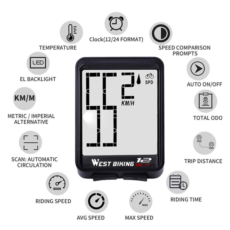 Frendorf | WEST BIKING Mountain Road Bike Wireless Großes Zeichen Tisch Großes Bildschirm Wasserdicht Nachtlicht Geschwindigkeit Geschwindigkeitsmesser(Rot)