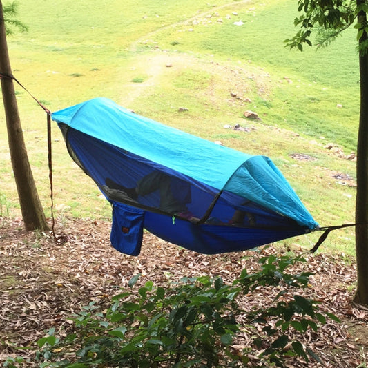 Frendorf | Fallschirmstoff Anti-Moskito Sonnenschutz mit Moskitonetz Hängematte Outdoor Einzel Doppel Schwebend Zelt 270x140cm (Blau / Hellblau)