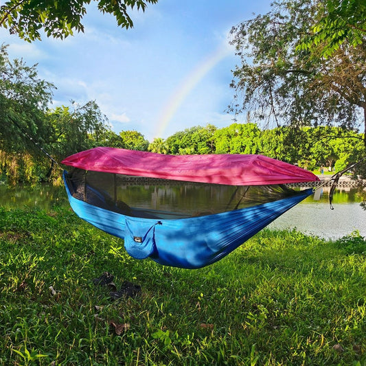 Frendorf | Fallschirmstoff Anti-Mücken Sonnenschirm mit Mückennetz Hängematte Outdoor Einzel Doppel Schwinge über dem Boden Luftzelt 270 x 140cm (Rosa Blau)