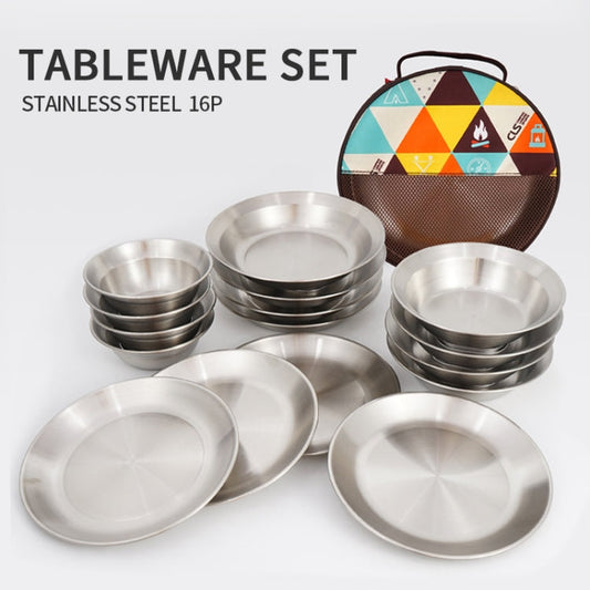 Frendorf | 16 PCS / Set CLS Outdoor Edelstahltischgeschirr Tragbares Camping Abendessen Schüssel Teller Set