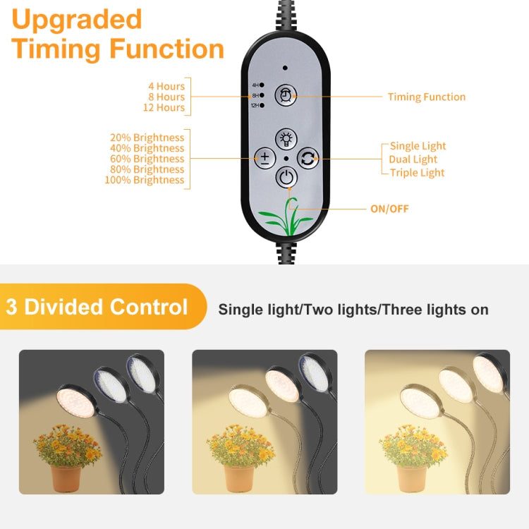 LED Pflanzenwachstumslampe USB Fernbedienung Clip wasserdicht Vollspektral natürliches Weiß Setzling Pflanzenlicht, Leistung: 45W Drei Köpfe