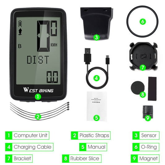 Frendorf | WEST BIKING Mountain Road Bike Fünf Sprachcode-Tabelle USB Fahrdrahtlose Code-Tabelle Tacho (Schwarz)