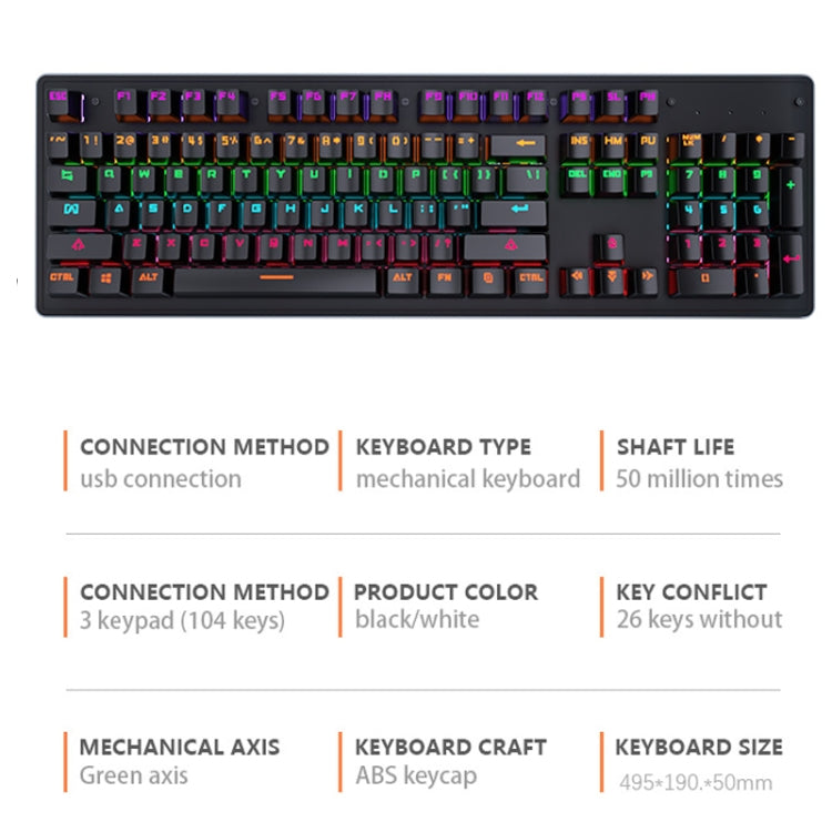 Frendorf | LEAVEN K880 104 Tasten Gaming Grüne Achse Büro Computer Verkabelte Mechanische Tastatur, Kabel Länge: 1,6m (Schwarz)