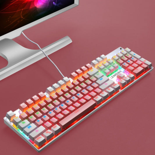 Frendorf | 104 Tasten Grüner Schaft RGB Leuchtende Tastatur Computer Spiel USB Verkabelte Metallmechanische Tastatur, Kabel Länge: 1,5m, Stil: Doppelte Auflagenausführung (Weiß Rosa)