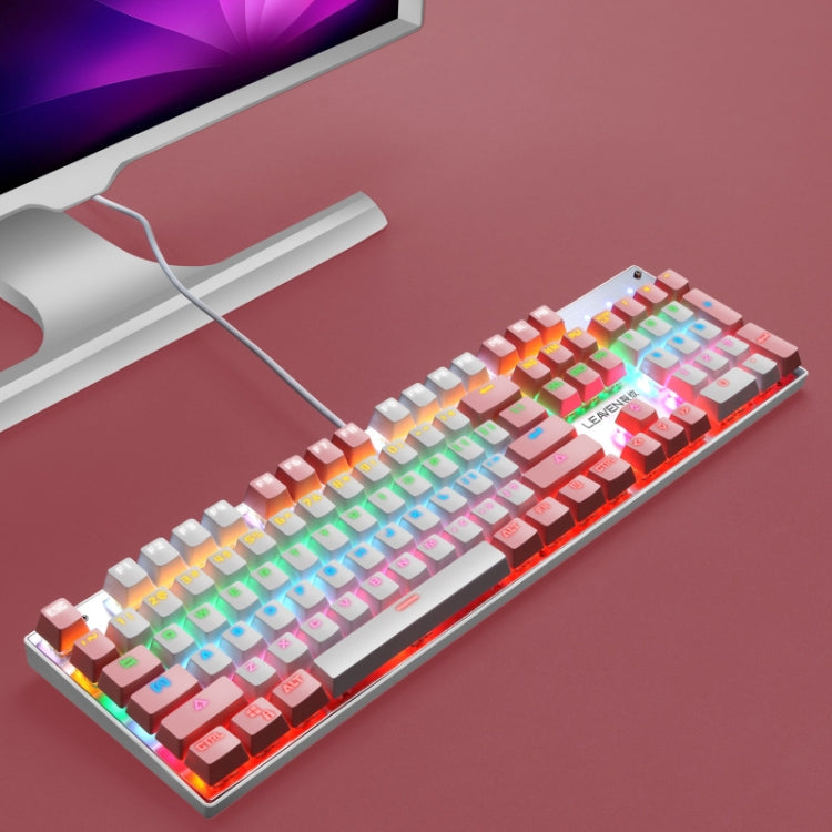Frendorf | 104 Tasten Grüner Schaft RGB Leuchtende Tastatur Computer Spiel USB Kabelgebundene Metall Mechanische Tastatur, Kabel Länge:1,5m, Stil: Doppeltes Aufdruckversion (Rosa Weiß)