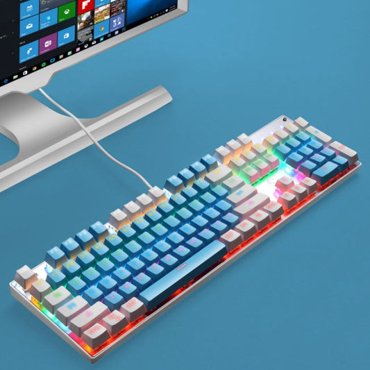 Frendorf | 104 Tasten Grüner Schaft RGB Leuchtende Tastatur Computer Spiel USB Kabelgebundene Metall Mechanische Tastatur, Kabel Länge: 1,5m, Stil: Doppelauflage Version (Blau Weiß)
