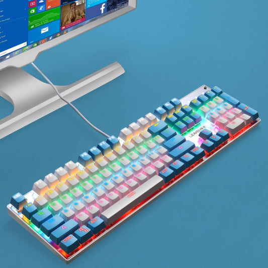 Frendorf | 104 Tasten grüner Schaft RGB leuchtende Tastatur Computer Spiel USB kabelgebundene metallische mechanische Tastatur, Kabel Länge: 1,5 m, Stil: Doppel-Imposition-Version (Weiß Blau)