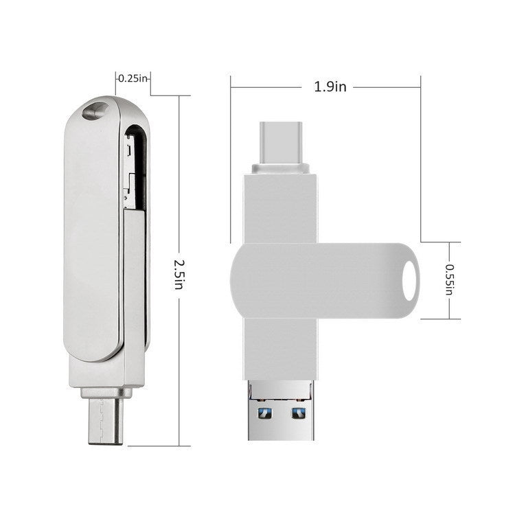 Frendorf | 32GB USB 3.0 + 8 Pin + USB-C / Typ-C 3 in 1 Telefon Computer Rotierbares Metall U-Disk