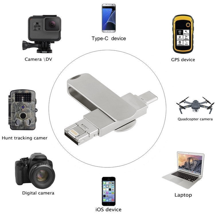 Frendorf | 256GB USB 3.0 + 8 Pin + USB-C / Typ-C 3 in 1 Telefon Computer Drehbares Metall U-Disk