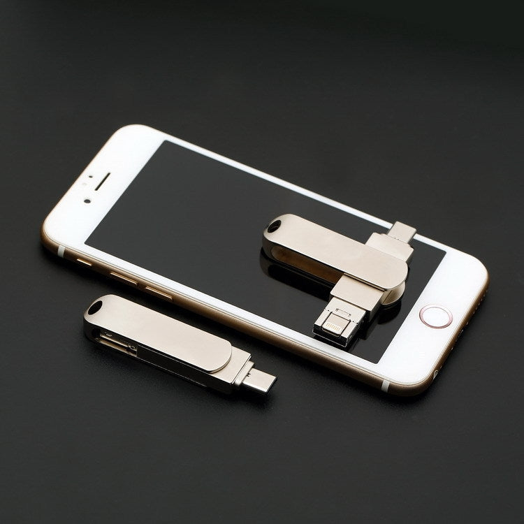 Frendorf | 256GB USB 3.0 + 8 Pin + USB-C / Typ-C 3 in 1 Telefon Computer Drehbares Metall U-Disk