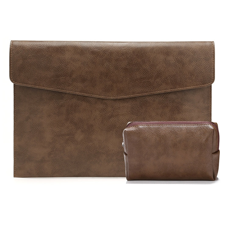 Frendorf | PU-Leder Litchi-Muster Tasche für 13,3 Zoll Laptop, Stil: Liner Bag + Power Bag (Dunkelbraun)