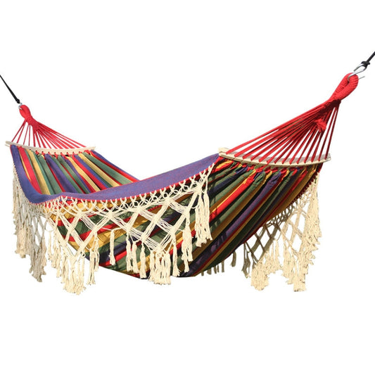 Frendorf | 200x150cm Doppelter Outdoor Camping Quasten Baumwoll-Hängematte mit Stab (Farbige Streifen)