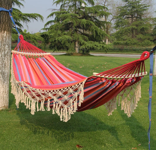 Frendorf | 200x150cm Double Outdoor Camping Quasten Leinwand Hängematte mit Stock (Rosa Streifen)