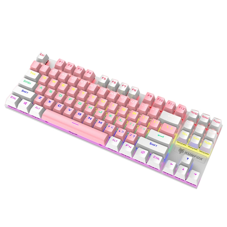 Frendorf | XUNFOX K80 87 Tasten Kabelgebundene Gaming Mechanische Beleuchtete Tastatur, Kabellänge: 1,5 m (Rosa Weiß)