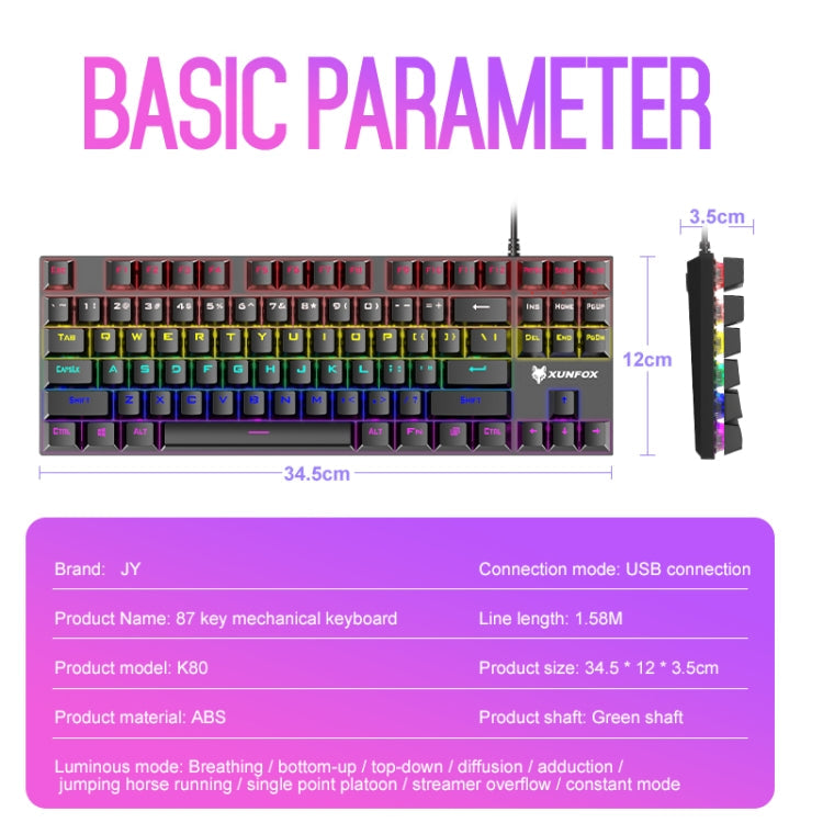 Frendorf | XUNFOX K80 87 Tasten Verdrahtete Gaming Mechanische Beleuchtete Tastatur, Kabellänge: 1,5m (Weiß Gelb)