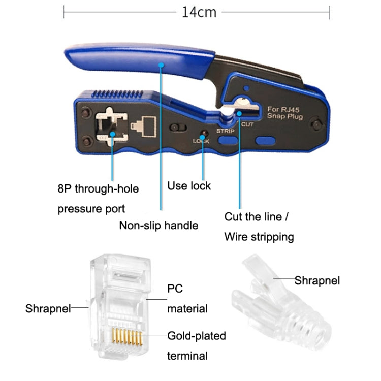 Frendorf | Rj45 8P Durchgangsloch Kristall Kopfstecker Jacke Netzwerk Werkzeug Abisolierdraht Kabel Zangen Set (Blau)