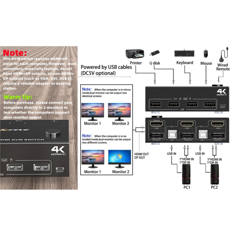 Frendorf | 202DH DP HDMI Dual Channel KVM Switch Computer Host DP Schnittstelle Tastatur Maus Teilen Anzeige(Black)