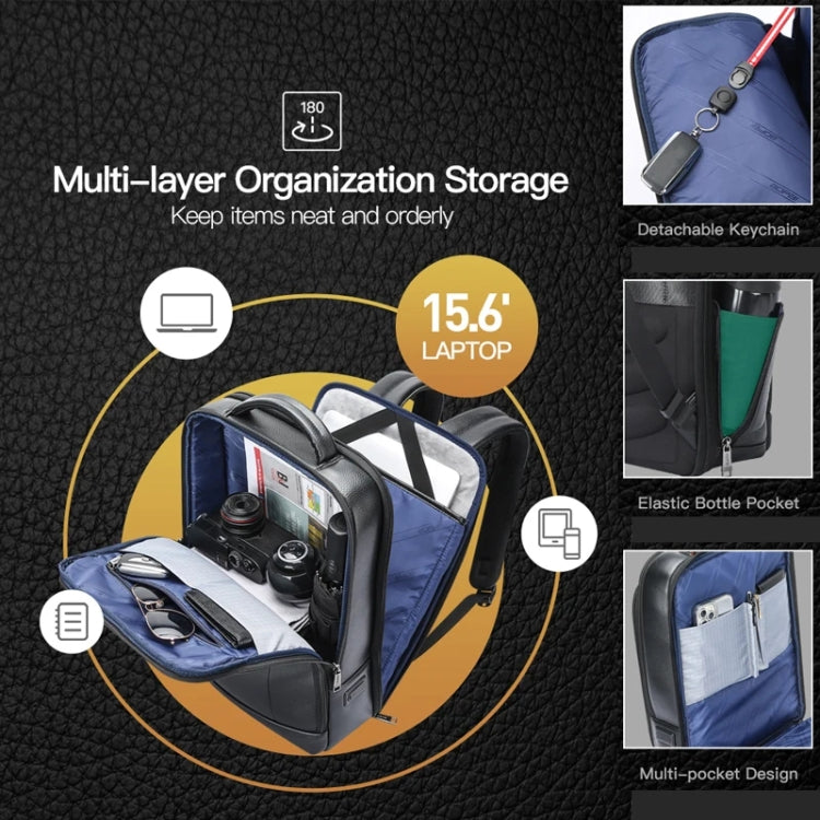 Frendorf | Bopai 61-120761 Großraums Erste Schicht Rindsleder Business Laptop Rucksack Mit USB+Type-C Anschluss (Schwarz)