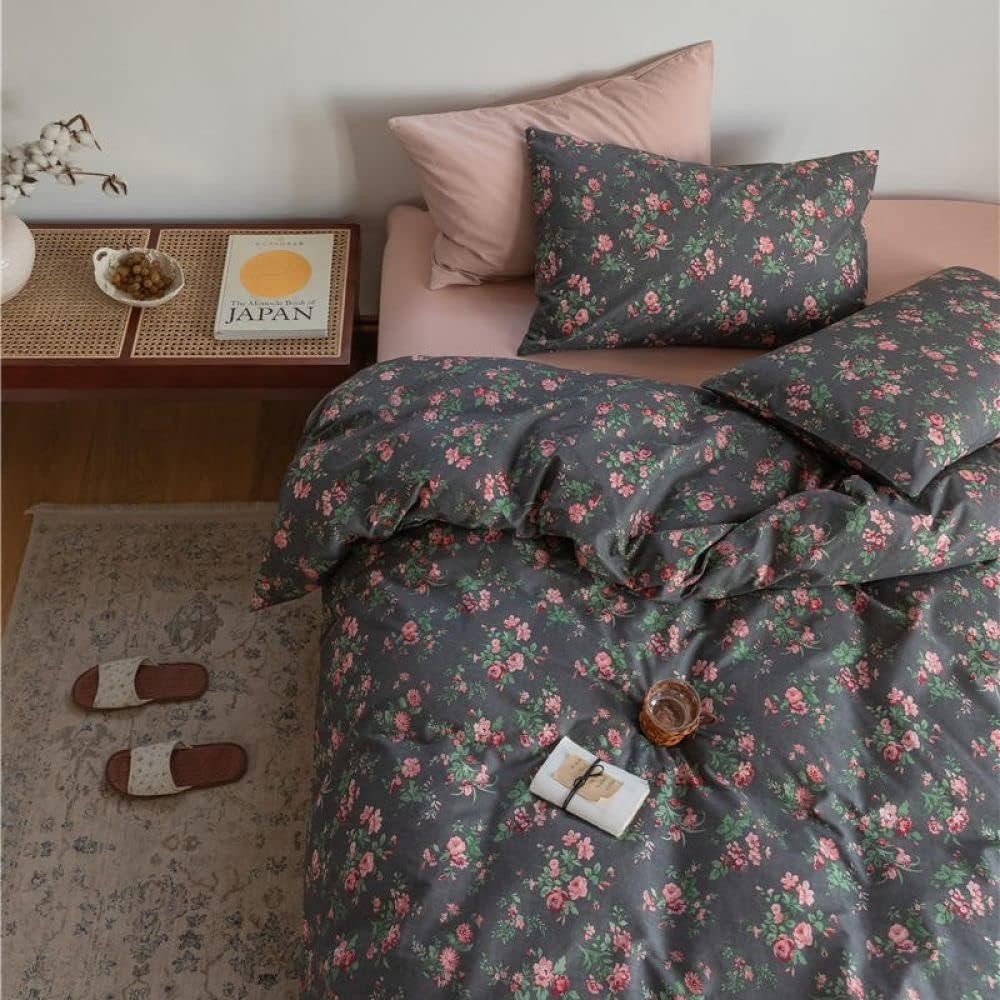 Schwarzes Floral Bettbezug Set