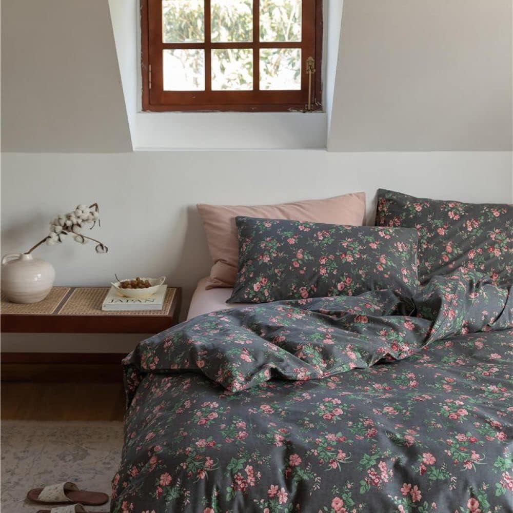 Schwarzes Floral Bettbezug Set