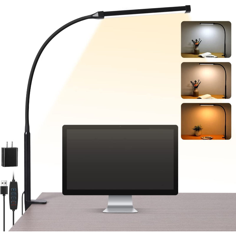 LED Schreibtischlampe mit Lampe, augenschonenden Clip-On-Lichtern für das Home Office, 3 Modi 10 Helligkeitsstufen, langer flexibler Schwanenhals, Metall, Schwenkarm Architekten-Task-Tischlampen mit USB-Adapter, Weiß