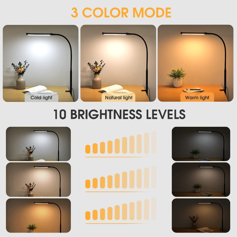 LED Schreibtischlampe mit Lampe, augenschonenden Clip-On-Lichtern für das Home Office, 3 Modi 10 Helligkeitsstufen, langer flexibler Schwanenhals, Metall, Schwenkarm Architekten-Task-Tischlampen mit USB-Adapter, Weiß