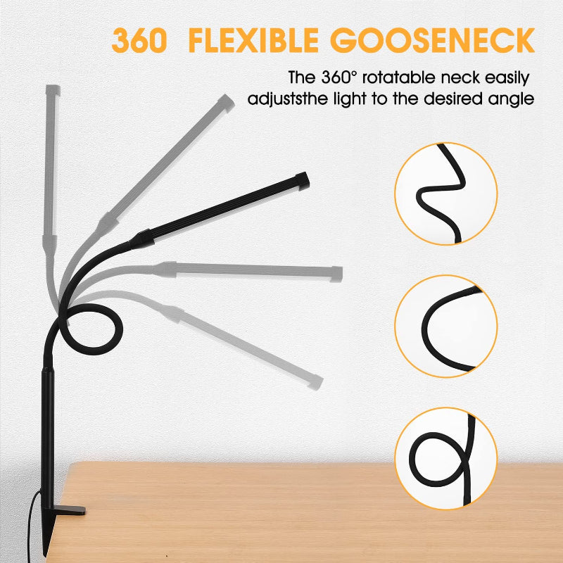 LED Schreibtischlampe mit Lampe, augenschonenden Clip-On-Lichtern für das Home Office, 3 Modi 10 Helligkeitsstufen, langer flexibler Schwanenhals, Metall, Schwenkarm Architekten-Task-Tischlampen mit USB-Adapter, Weiß