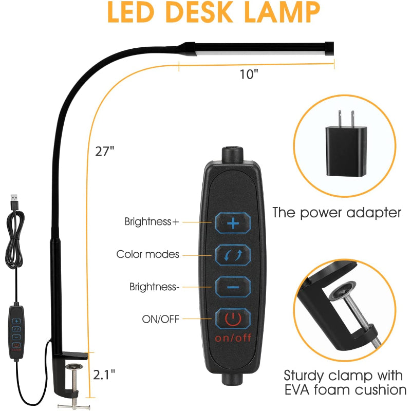LED Schreibtischlampe mit Lampe, augenschonenden Clip-On-Lichtern für das Home Office, 3 Modi 10 Helligkeitsstufen, langer flexibler Schwanenhals, Metall, Schwenkarm Architekten-Task-Tischlampen mit USB-Adapter, Weiß